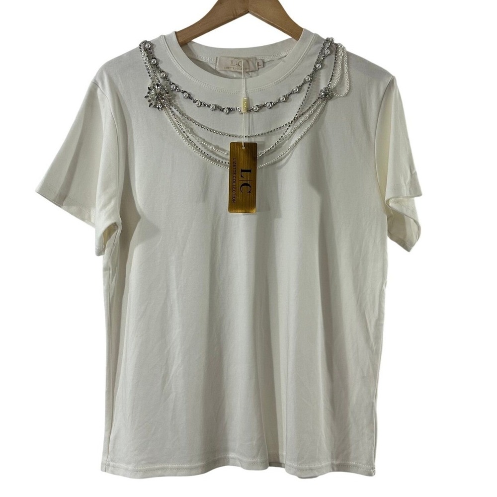 Lizette‎ Collection White Embellished Rhinestone Necklace Cotton Blend T-Shirt L